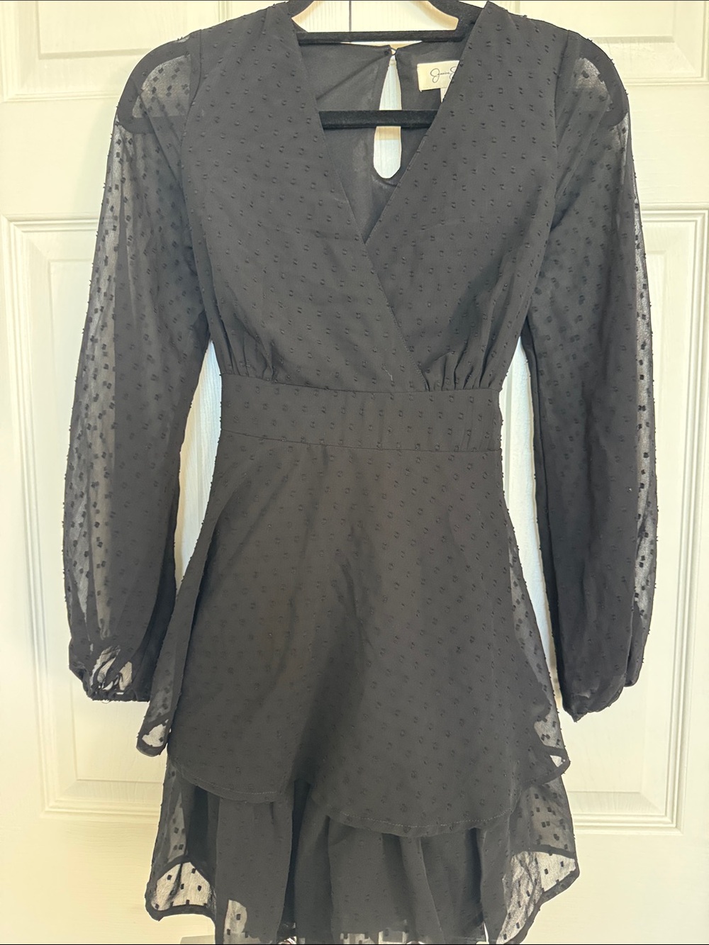 Jessica Simpson Black Swiss-Dot Long Sleeve V-Neck Skater Dress